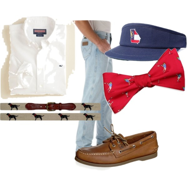 A game day look, complete with a Vineyard Vines button down, State Traditions  visor, Bird Dog Bay bowtie, Sperry Top-Sider shoes, and a SMathers and Branson belt.