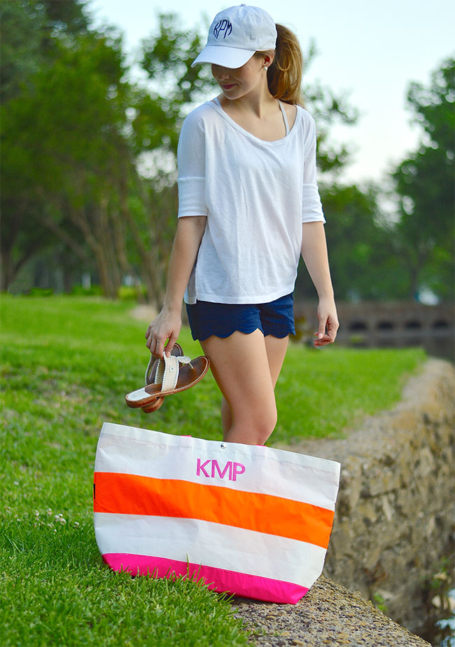 a lodestar state of southern, preppy, southern, blog, sorority, fashion, style, pink, orange, monogram, tote, bag, purse, scalloped, shorts, navy, jack rogers, baseball cap, pearls