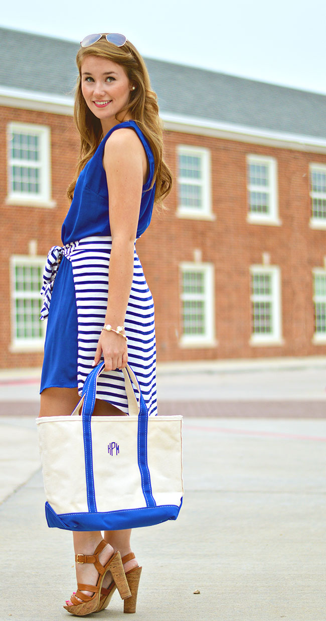 monogrammed tote, sorority girl style, blue embroidered dress, southern blogger, college girl style, navy and white striped dress