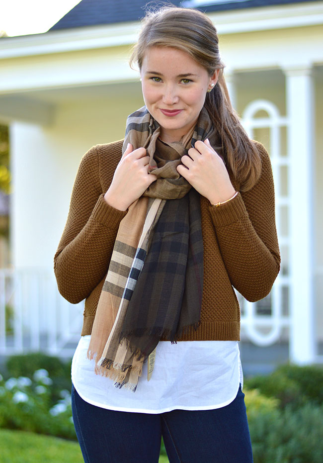 monogrammed jack rogers, ombre burberry scarf, burberry scarf, double pearl earrings, j.crew shirtail sweater