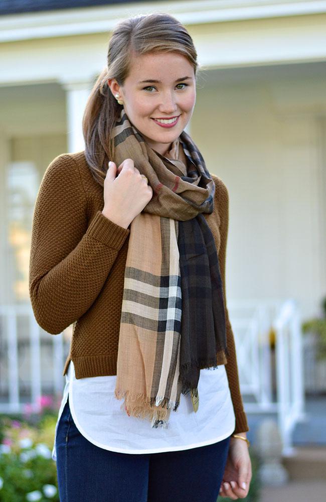 monogrammed jack rogers, ombre burberry scarf, burberry scarf, double pearl earrings, j.crew shirtail sweater