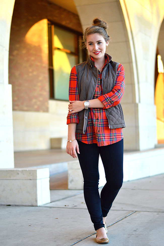 preppy, southern, preppy style, southern style, college girl, sorority girl, puffer vest, quilted vest, equestrian vest, j.crew puffer vest, j.crew quilted excursion vest, southern fashion blogger, how to dress preppy, plaid flannel, red plaid flannel