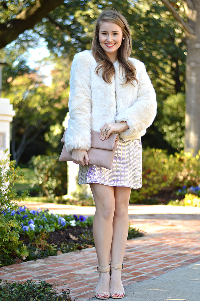 new years eve outfit, sequin dress, fur jacket, nude heels