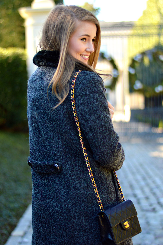 fur coat, black fur coat, chanel crossbody bag, preppy style, sorority style