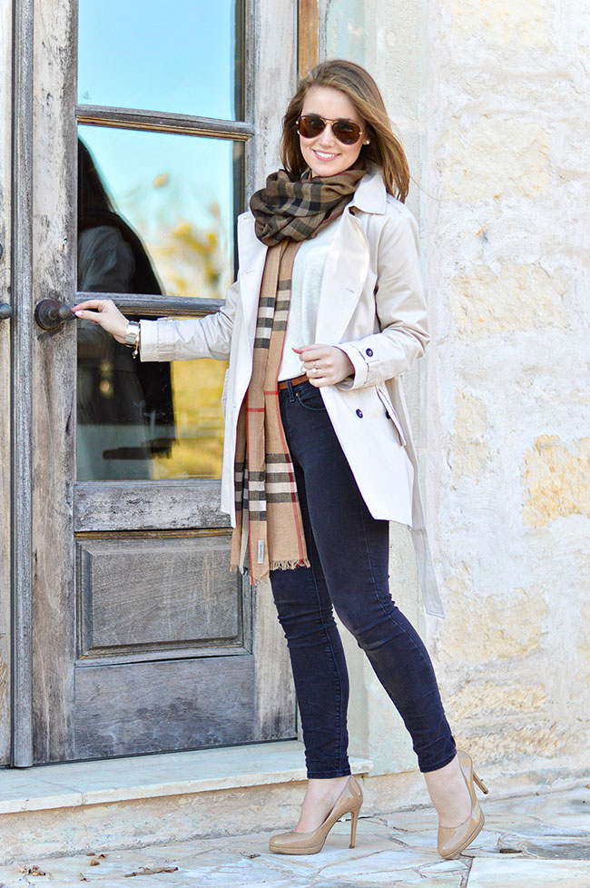 burberry scarf, burberry ombre scarf, trench coat, classic style, preppy girl style, sorority girl style, college girl style, american girl style, classic american style, tortoise ray bans, l k bennett, kate middleton pumps, michael kors watch, dallas style blog, texas style blog