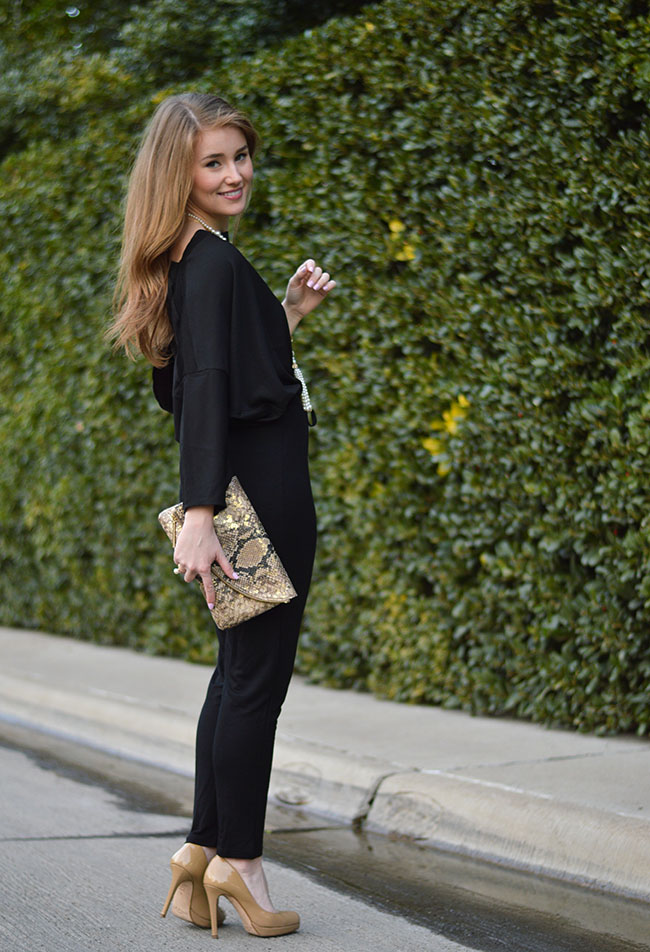 Elaine Turner, Gold, Snakeskin Clutch, Pearl Necklace, Black Jumpsuit, How To Wear A Jumpsuit