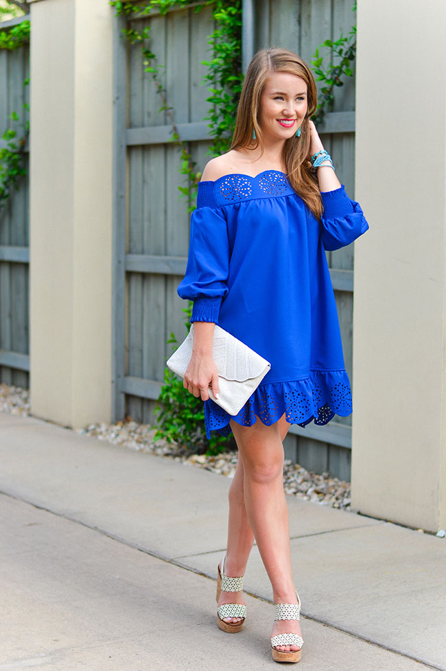 off the shoulder dress, scallop dress, scalloped dress, scallop off the shoulder dress, scalloped off the shoulder dress, blue dress, turquoise jewelry, turquoise tassel earrings, tassel earrings, white wedges, tory burch wedges, tory burch daisy wedges, sorority girl, texas girl, style, blog, fashion blogger, dallas, austin, texas