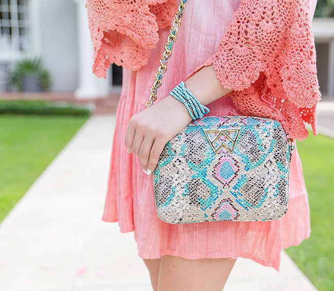 Kelly Wynne, Turquoise Purse, Turquoise Earrings, Ombre Dress, Pink Ombre Dress, Off the Shoulder Dress, Michael Kors Wedges, Posey Wedges, Sorority Girl Style, Southern Girl Style, Summer Dresses