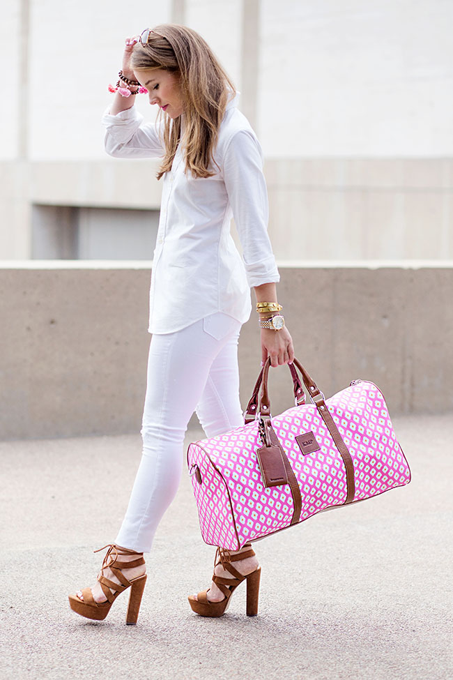 barrington cabin bag, pink tote, pink duffle bag, women's ralph lauren button down, miu miu sunglasses, suede steve madden, southern style, preppy style, sorority style, college girl, fashion blogger