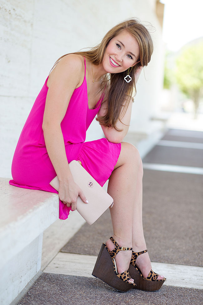 pink party dress, pink dress, red dress boutique, fuschia dress, leopard wedges, cheetah wedges, tory burch clutch, blush clutch, southern style, preppy style, sorority style, college girl, fashion blog