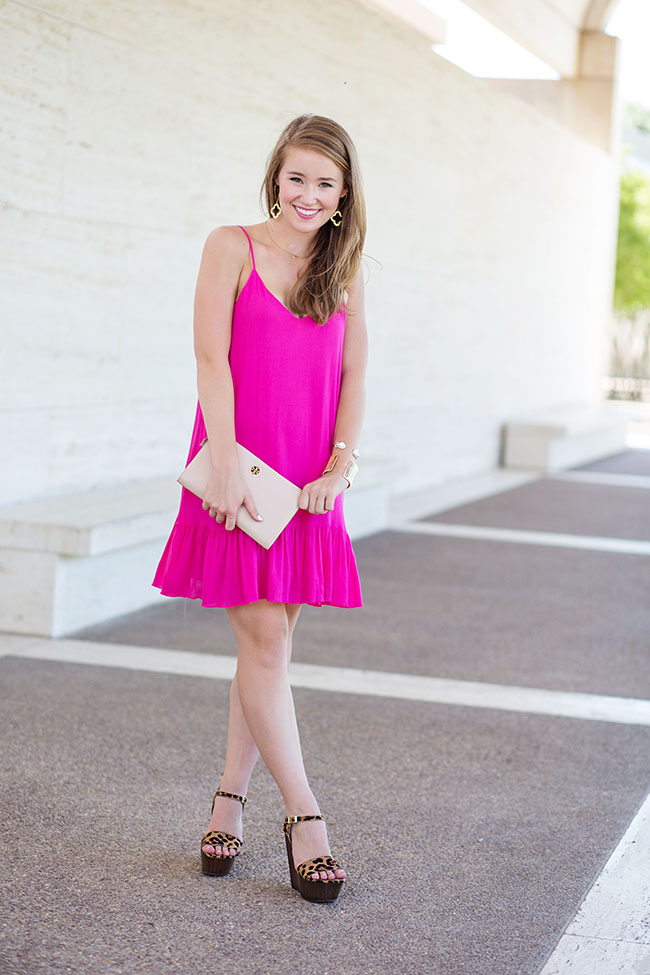 pink party dress, pink dress, red dress boutique, fuschia dress, leopard wedges, cheetah wedges, tory burch clutch, blush clutch, southern style, preppy style, sorority style, college girl, fashion blog