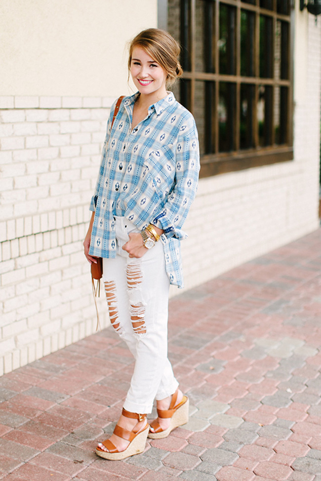 oversized button down, aztec flannel, ripped white jeans, rebecca mink off cross body