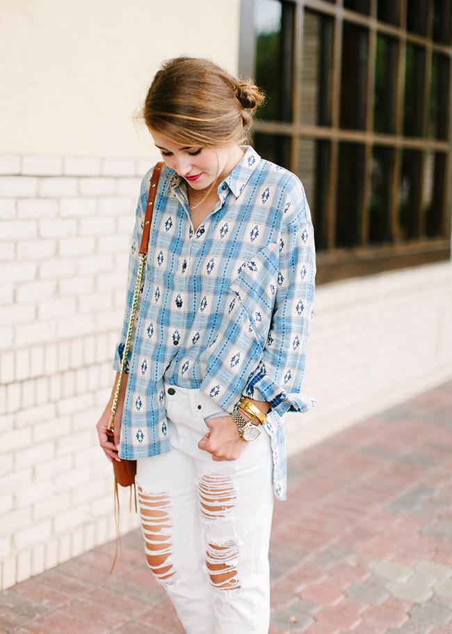 oversized button down, aztec flannel, ripped white jeans, rebecca mink off cross body