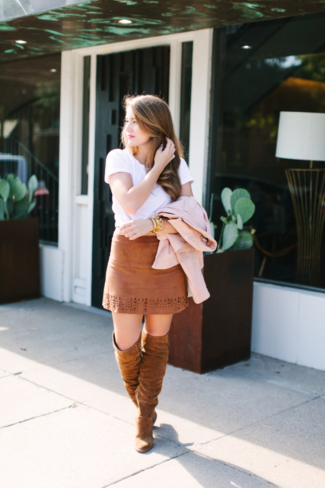 over the knee boots, suede boots, over the knee suede boots, suede skirt, suede jacket, pink jacket, kelly wynne, fall style, fall fashion