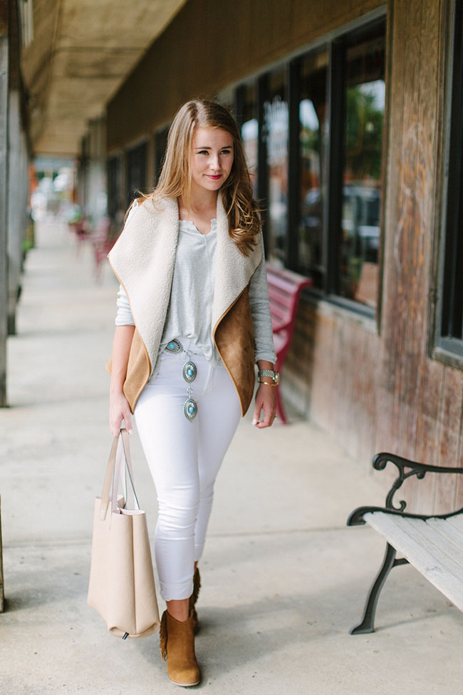 shearling vest, southwestern style, conch belt, fringe booties, white jeans in fall, blush tote, turquoise belt, texas blogger, dallas blogger, southern style, fall style