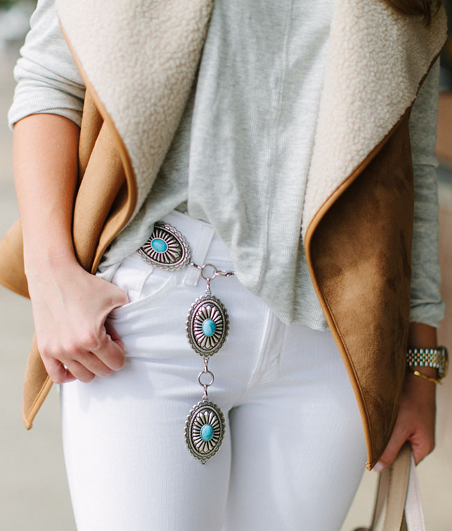 shearling vest, southwestern style, conch belt, fringe booties, white jeans in fall, blush tote, turquoise belt, texas blogger, dallas blogger, southern style, fall style
