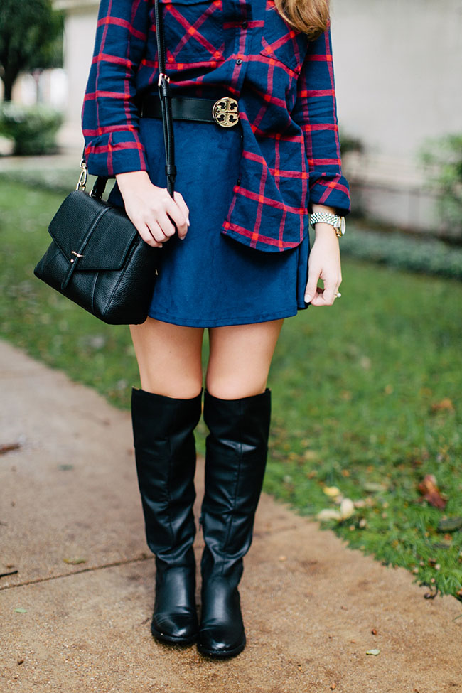suede skirt, navy skirt, over the knee boots, navy flannel, j.crew navy flannel, tory burch 797 mini satchel, southern girl, southern style, fall style, tory burch belt