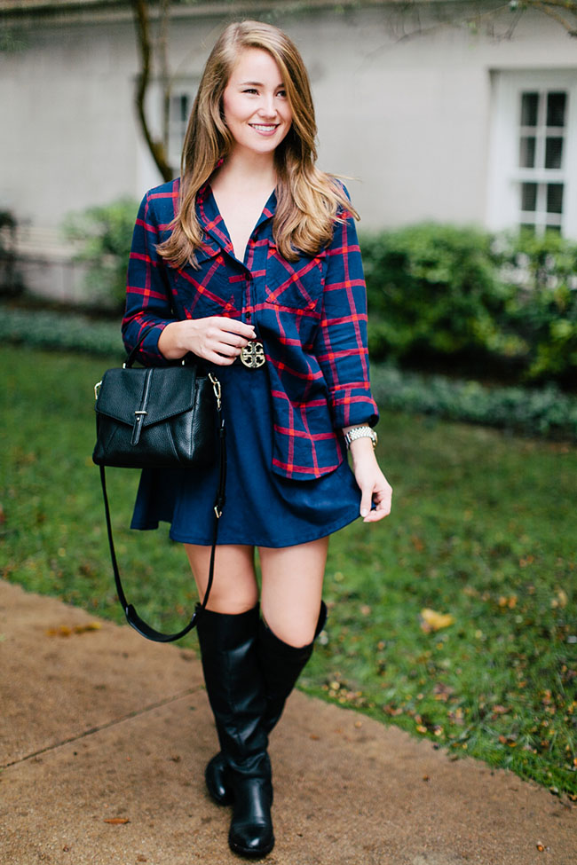 suede skirt, navy skirt, over the knee boots, navy flannel, j.crew navy flannel, tory burch 797 mini satchel, southern girl, southern style, fall style, tory burch belt
